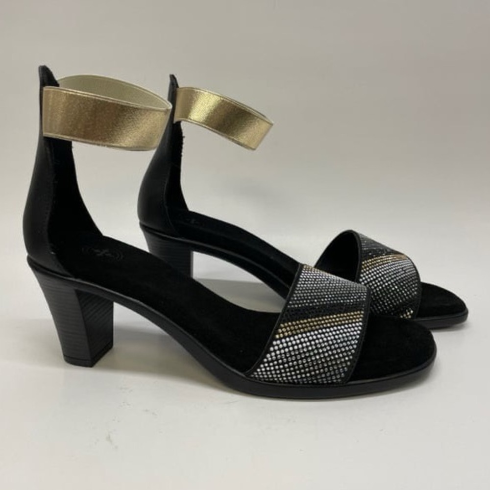 PUSA WOMEN'S SIZE 10 BLACK-MULTI TEXTURED STRAPPY SANDALS 3" heel